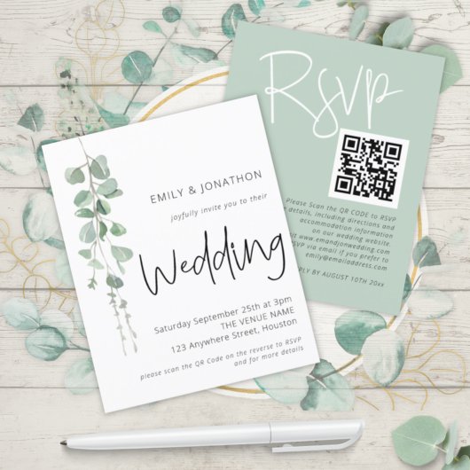 Budget Moderne Eukalyptus QR Hochzeit Einladung