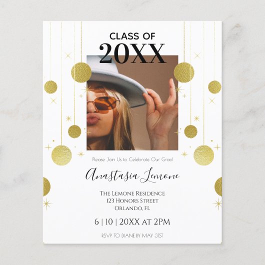 Budget Moderne Gold & White Abschluss Einladung (Vorderseite)