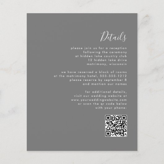 Budget Moderne graue Script QR Code Hochzeit einla (Rückseite)
