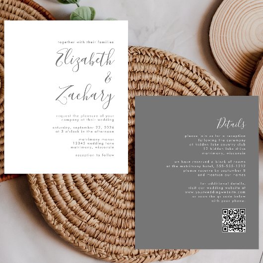 Budget Moderne graue Script QR Code Hochzeit einla