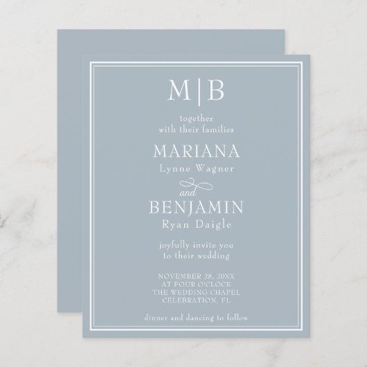 Budget Moderne Grenz leicht graue Hochzeit Einladu (Vorne/Hinten)