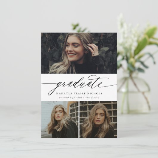 Budget Moderne Kalligrafie Drei Foto Abschluss Einladung (Stehend Vorderseite)