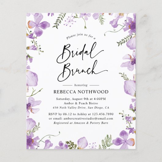 Budget Moderne Lila Bridal Brunch Einladung (Vorderseite)