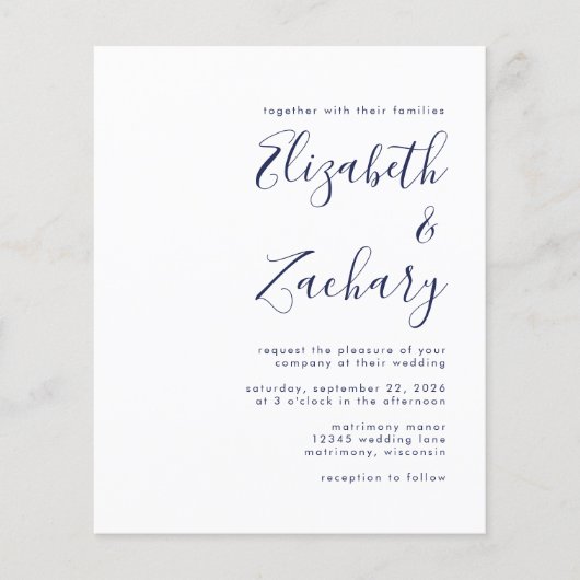 Budget Moderne Navy Blue Script Einladung (Vorderseite)