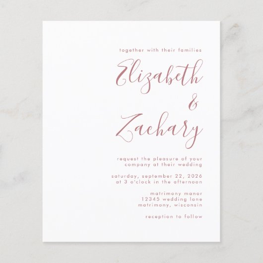 Budget Moderne Rose Script Einladung (Vorderseite)