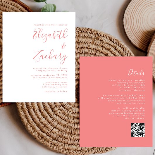 Budget Moderne Script Coral QR Code Hochzeit einla