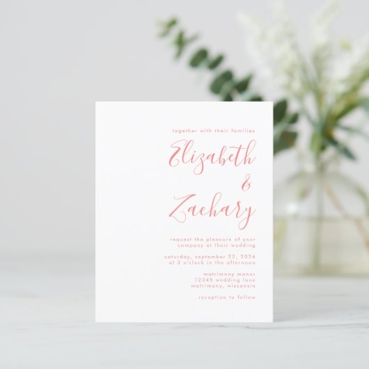 Budget Moderne Script Coral QR Code Hochzeit einla (Stehend Vorderseite)