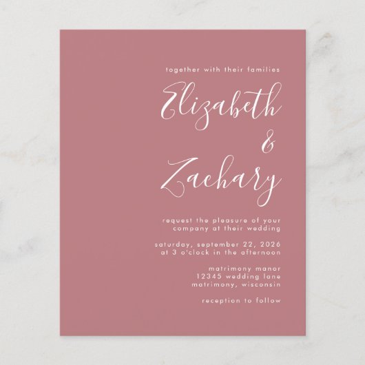 Budget Moderne Script Dusty Rose Hochzeit Einladun (Vorderseite)