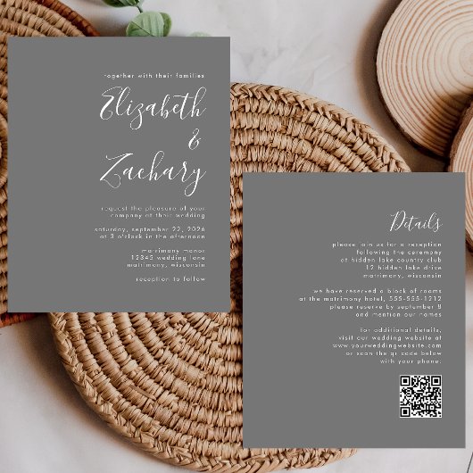 Budget Moderne Script Graue QR Code Hochzeit Einla