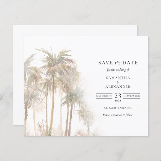 Budget Moderne tropische Bäume Save the Date (Vorne/Hinten)