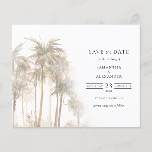 Budget Moderne tropische Bäume Save the Date (Vorderseite)