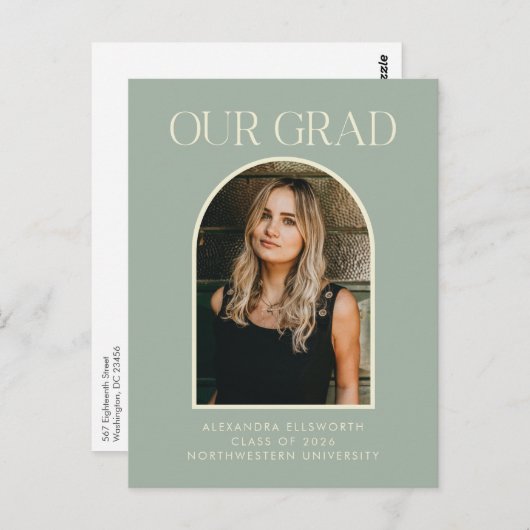 Budget Moderner Foto Sage Green Arch Abschluss Postkarte (Vorne/Hinten)