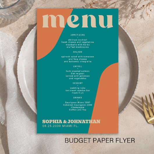 Budget moderner Retro-Groovy-Hochzeitsmenü-Schablo Flyer