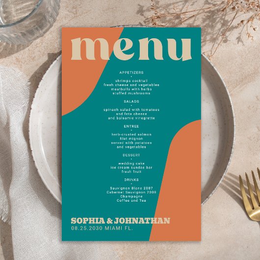 Budget moderner Retro-Groovy-Hochzeitsmenütemplate