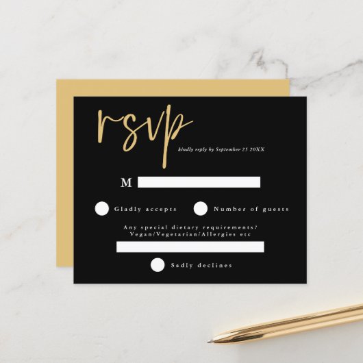 Budget Moderner RSVP für Schwarz und Gold Hochzeit (Vorderseite/Rückseite Beispiel)