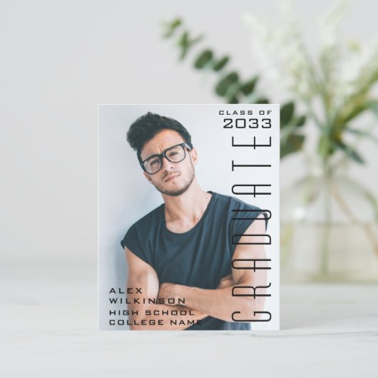 BUDGET Modernes Black Script Foto GRAD-Einladung (Stehend Vorderseite)