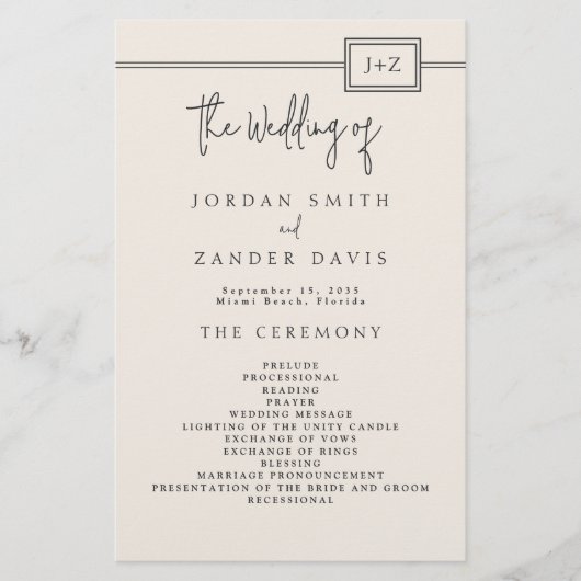 Budget Modernes Elfenbeinmonogramm-Hochzeitsprogra Flyer (Vorne)