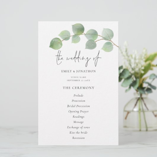 Budget Modernes Eukalyptus-Hochzeitsprogramm (Stehend Vorderseite)