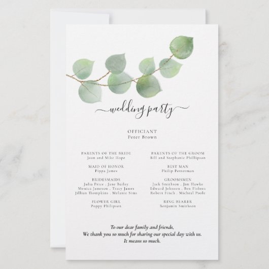 Budget Modernes Eukalyptus Script-Hochzeitsprogram (Rückseite)