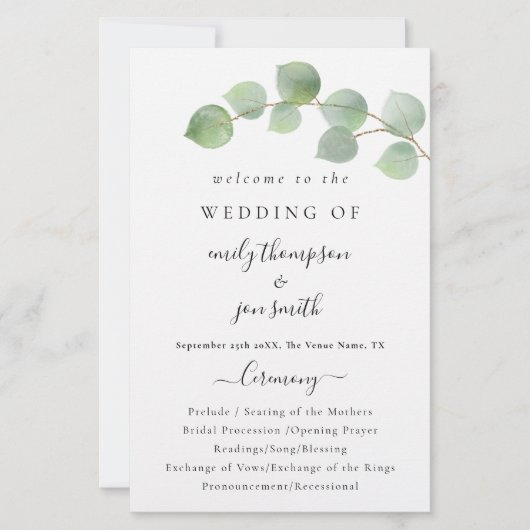 Budget Modernes Eukalyptus Script-Hochzeitsprogram (Vorderseite)
