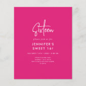 Budget Modernes Hot Pink Foto Sweet 16 Einladung (Vorderseite)