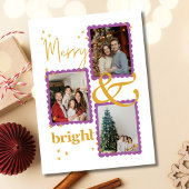 Budget Modernes Lila & Gold 3 Foto Merry & Bright Mitteilungskarte