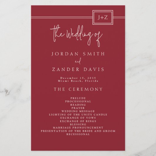 Budget Modernes Red Monogram Wedding Programm Flyer (Vorne)