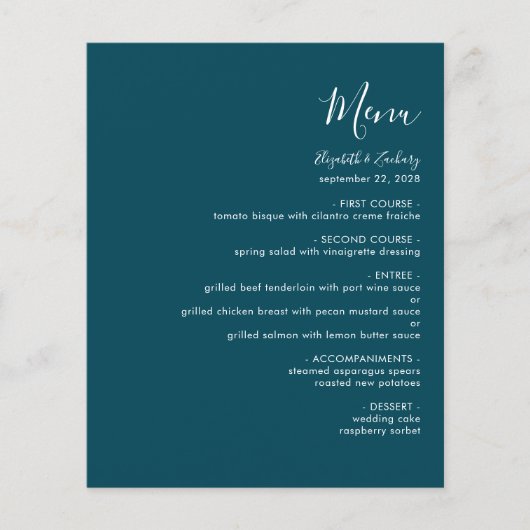 Budget Modernes Script Aquamarin Blue Wedding Menu (Vorderseite)