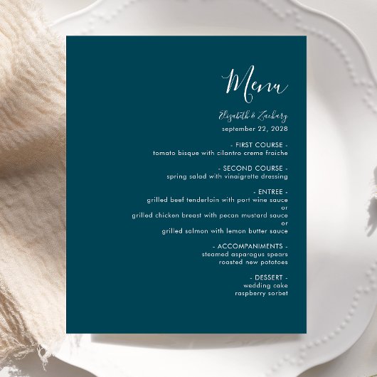 Budget Modernes Script Aquamarin Blue Wedding Menu
