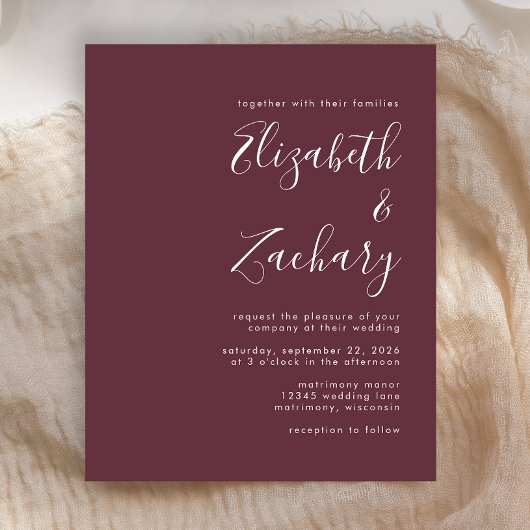 Budget Modernes Script Burgundy Wedding Einladung