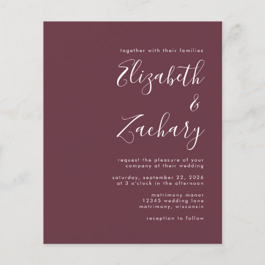 Budget Modernes Script Burgundy Wedding Einladung (Vorderseite)