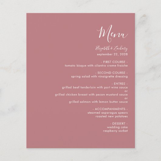Budget Modernes Script Dusty Rose Wedding Menu (Vorderseite)