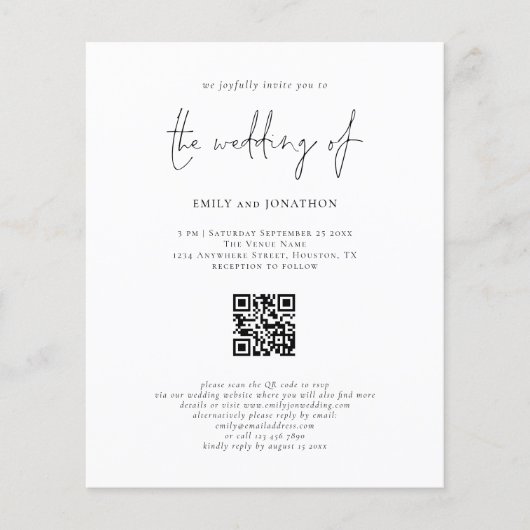 Budget Modernes Script QR Code Hochzeitsempfehlung (Vorderseite)