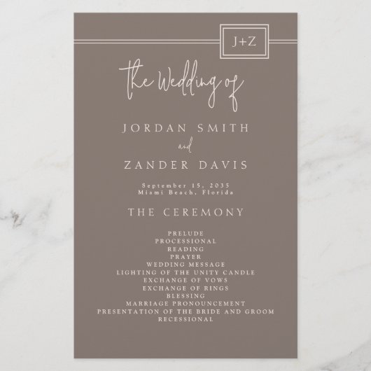 Budget Modernes Taupe Monogram Wedding Programm Flyer (Vorne)