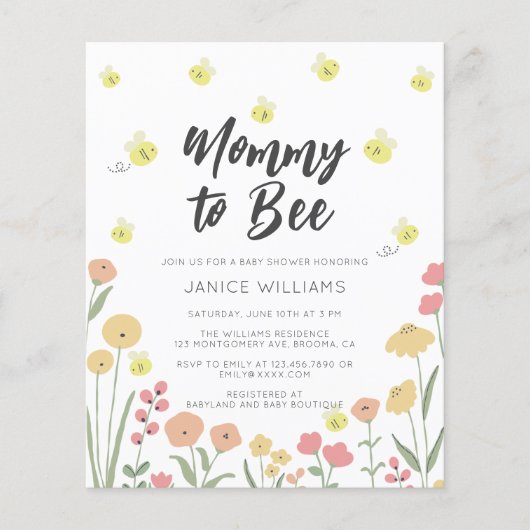 Budget Mommy to Bee Baby Shower Einladung (Vorderseite)