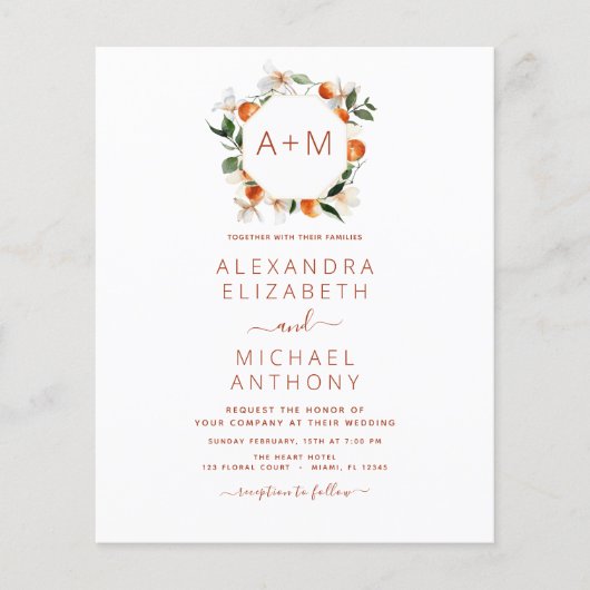 Budget Monogram Burnt Orange Citrus Fruit Wedding Flyer (Vorne)