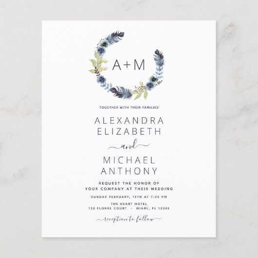 Budget Monogram Dusty Blue Boho Floral Wedding (Vorderseite)