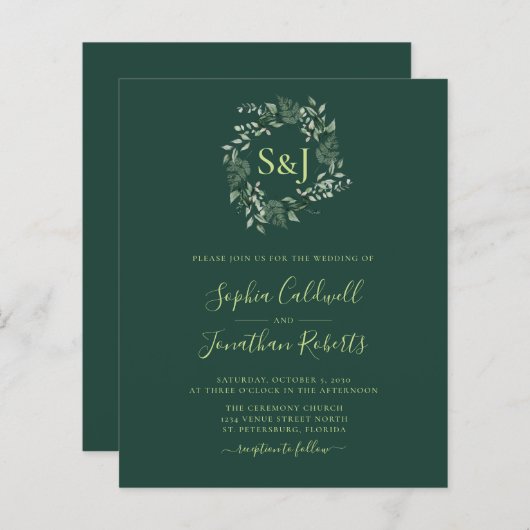 Budget Monogram Emerald Green Wedding Einladung (Vorne/Hinten)