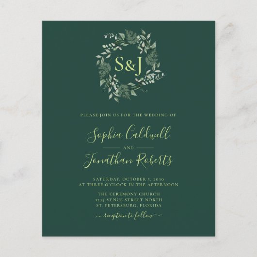 Budget Monogram Emerald Green Wedding Einladung (Vorderseite)