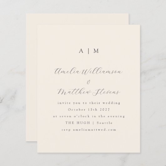 Budget Monogram Ivory Minimal Hochzeit Einladung (Vorne/Hinten)