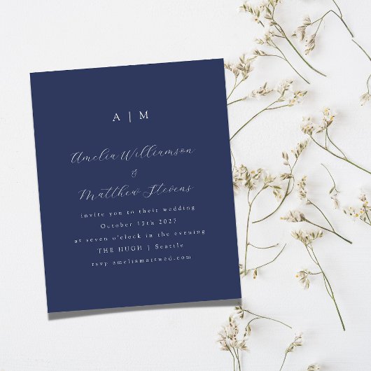 Budget Monogram Navy Blue Minimal Wedding Einladun