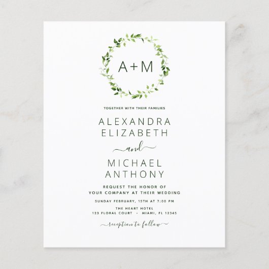 Budget Monogram Sage Emerald Green Floral Wedding (Vorderseite)