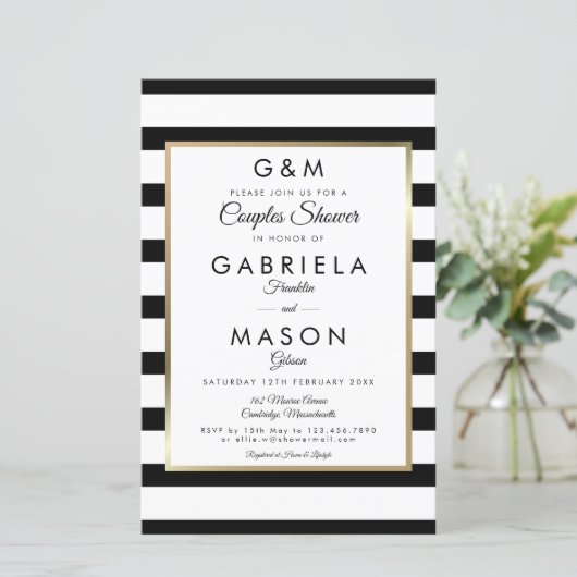 Budget Monogram Strip Couples Dusche Einladung (Stehend Vorderseite)