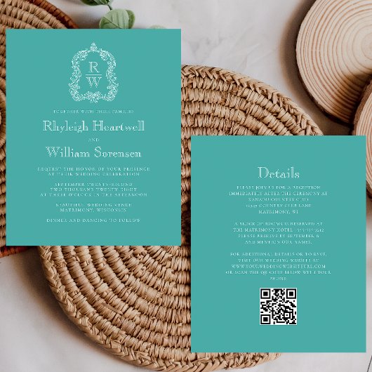Budget Monogram Wappen Türkis QR Code Hochzeit