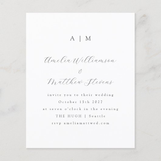 Budget Monogram White Minimal Wedding Einladung (Vorderseite)