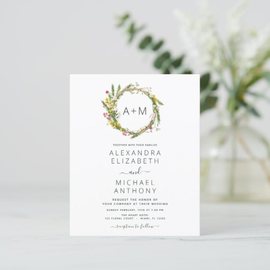 Budget Monogram Wildblumen Emerald Green Wedding (Stehend Vorderseite)