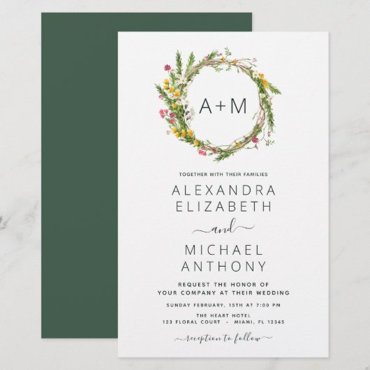 Budget Monogram Wildblumen Emerald Green Wedding (Vorne/Hinten)