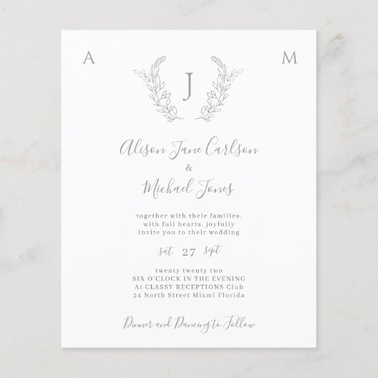Budget monogramm elegante Blätter Hochzeitseinladu (Vorderseite)