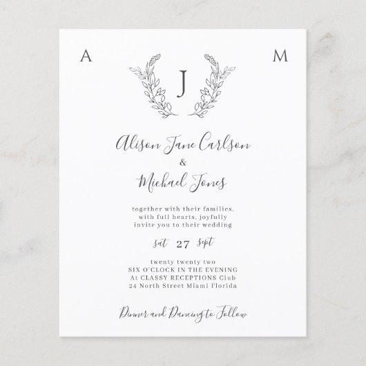 Budget monogramm elegante Blätter Hochzeitseinladu Flyer (Vorne)