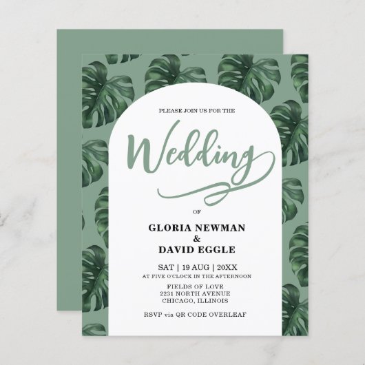 Budget Monstera Leaves Wedding QR Code Invitation (Vorne/Hinten)